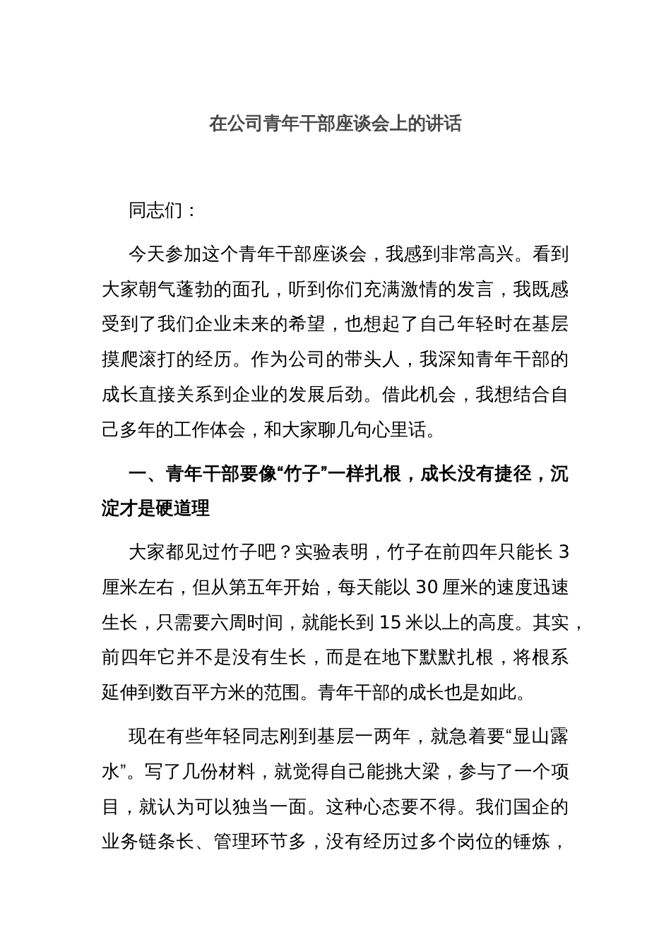 在公司青年干部座谈会上的讲话_第1页