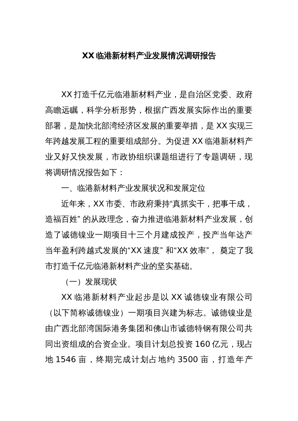 XX临港新材料产业发展情况调研报告_第1页