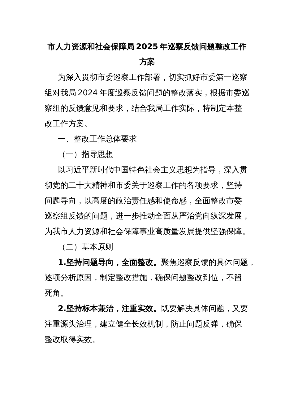 市人力资源和社会保障局2025年巡察反馈问题整改工作方案_第1页