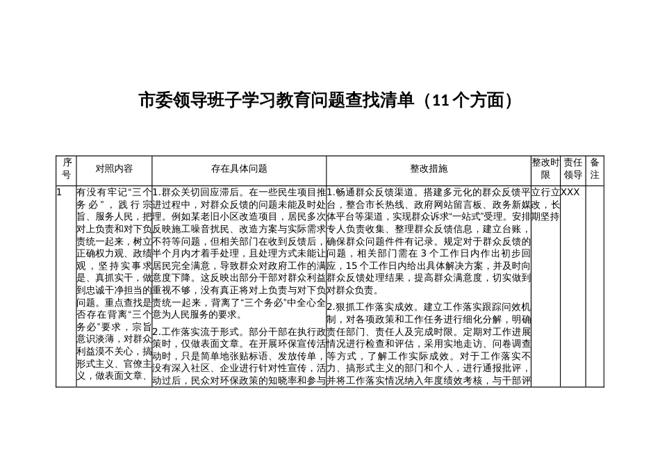 市委领导班子学习教育问题查找清单（11个方面）_第1页