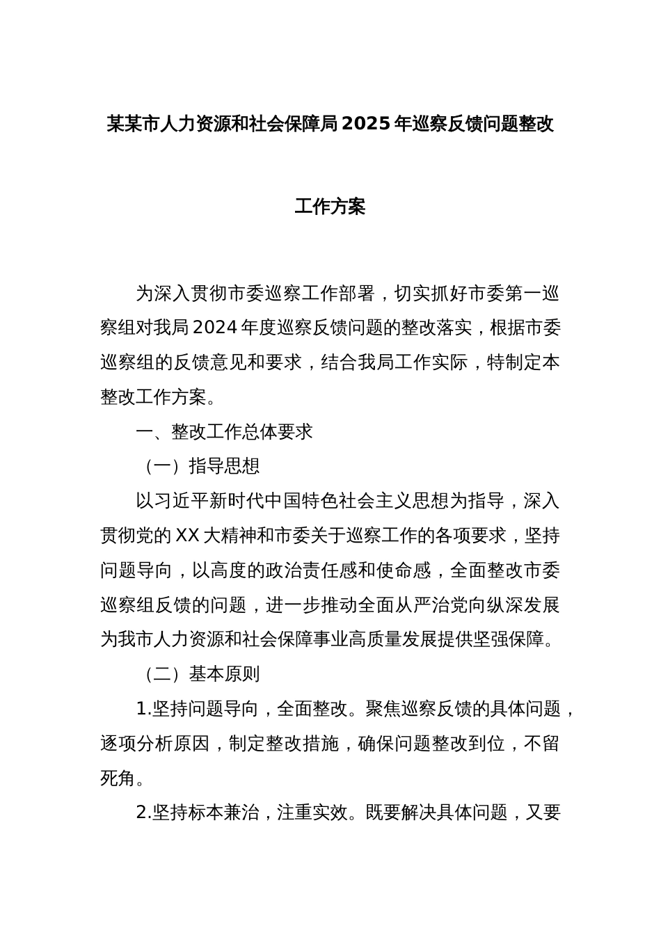 某某市人力资源和社会保障局2025年巡察反馈问题整改工作方案_第1页