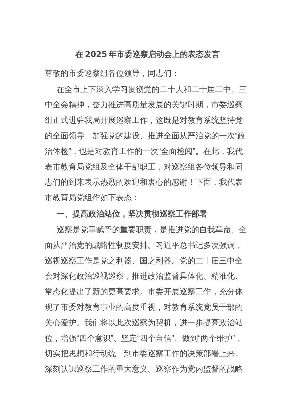 在2025年市委巡察启动会上的表态发言_第1页