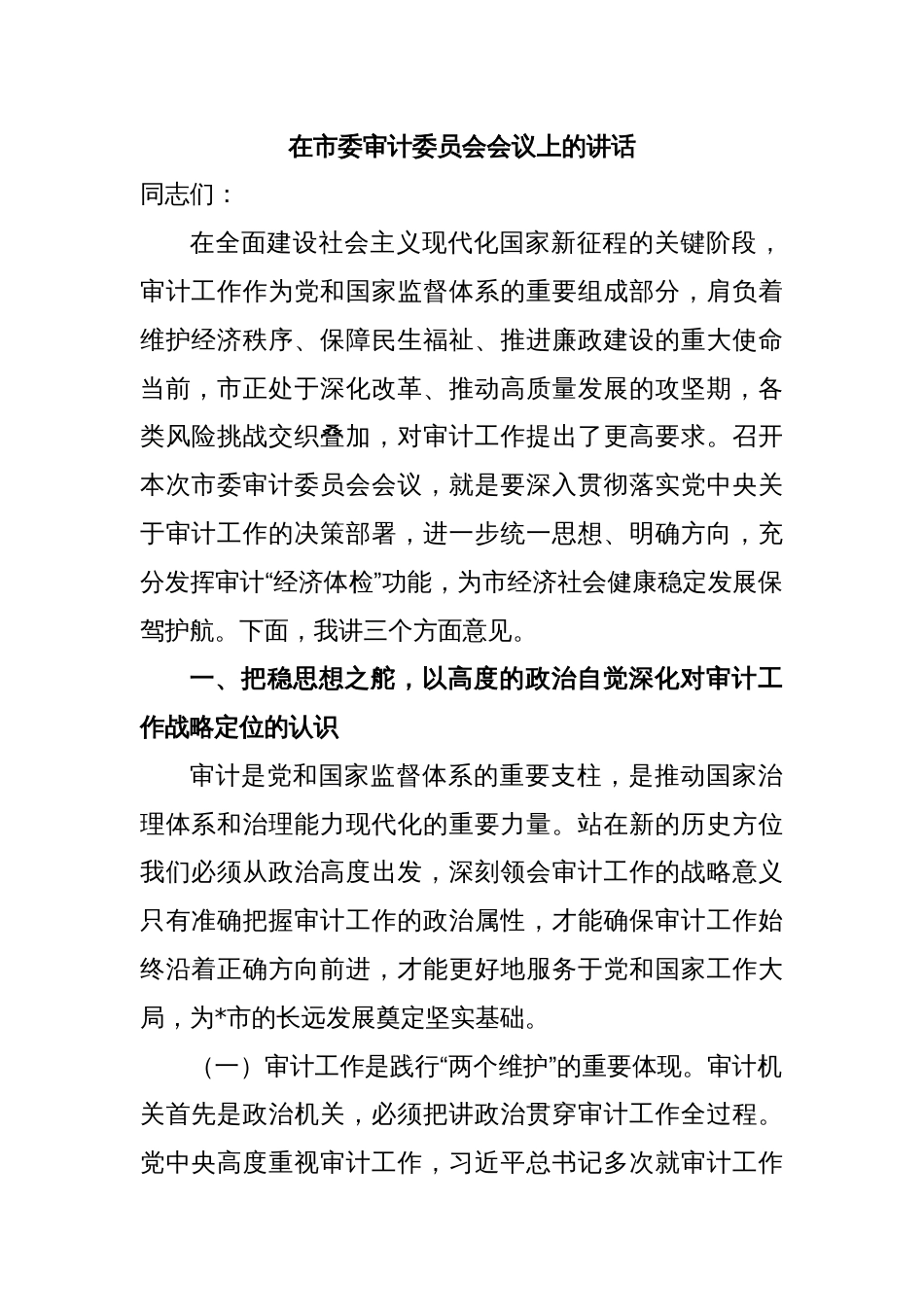 在市委审计委员会会议上的讲话_第1页