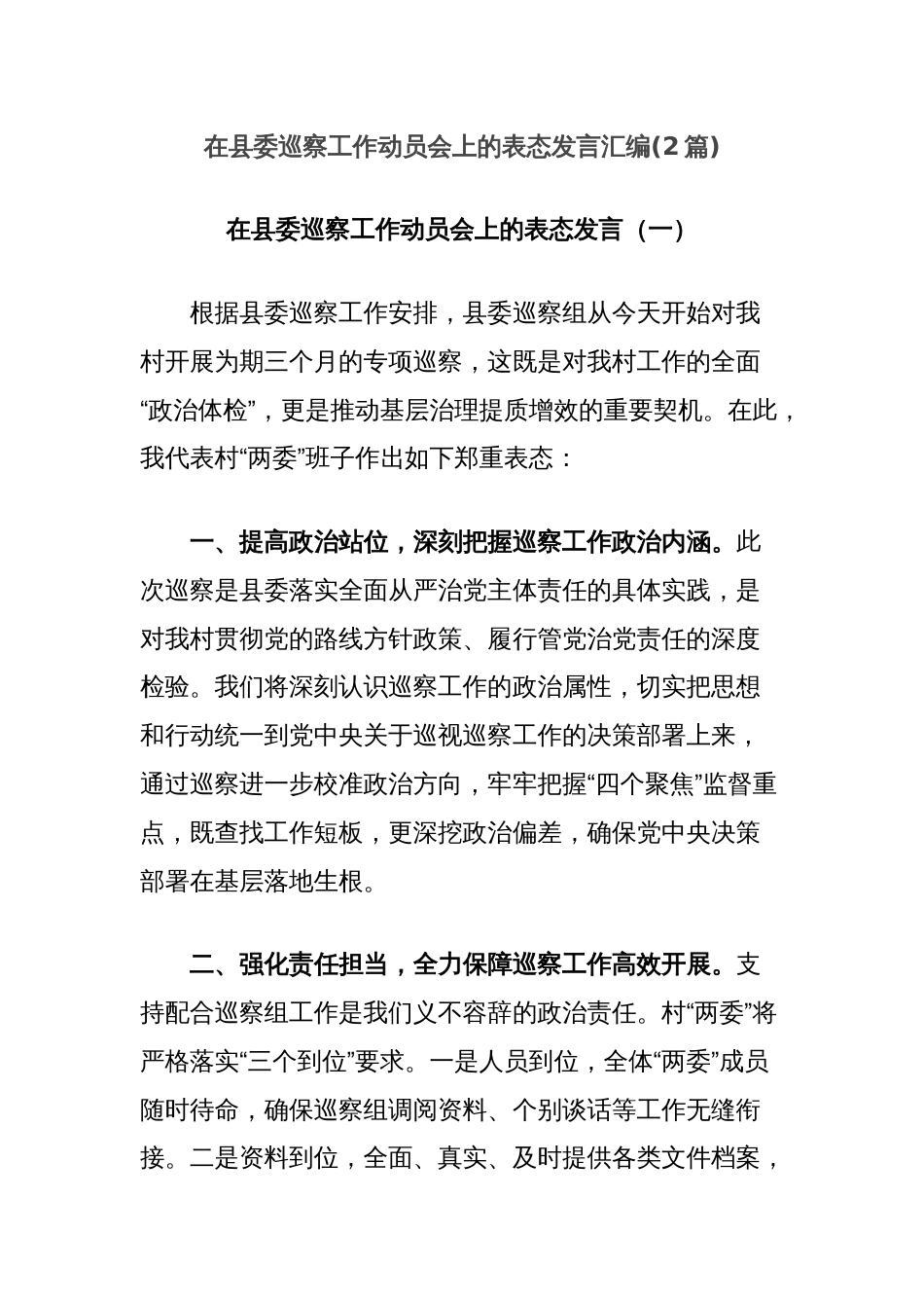 (2篇)在县委巡察工作动员会上的表态发言汇编_第1页