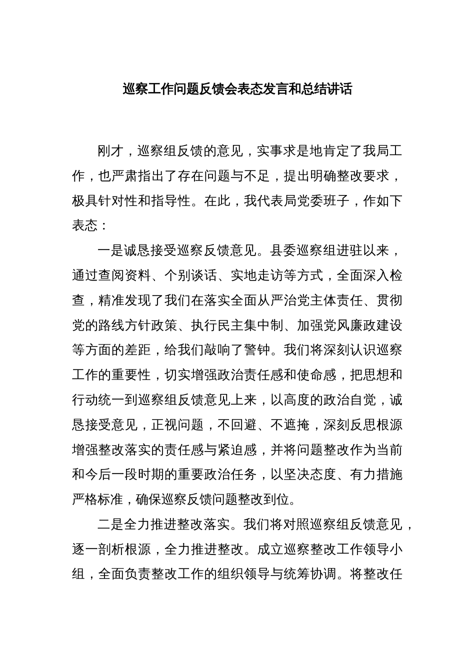 巡察工作问题反馈会表态发言和总结讲话_第1页