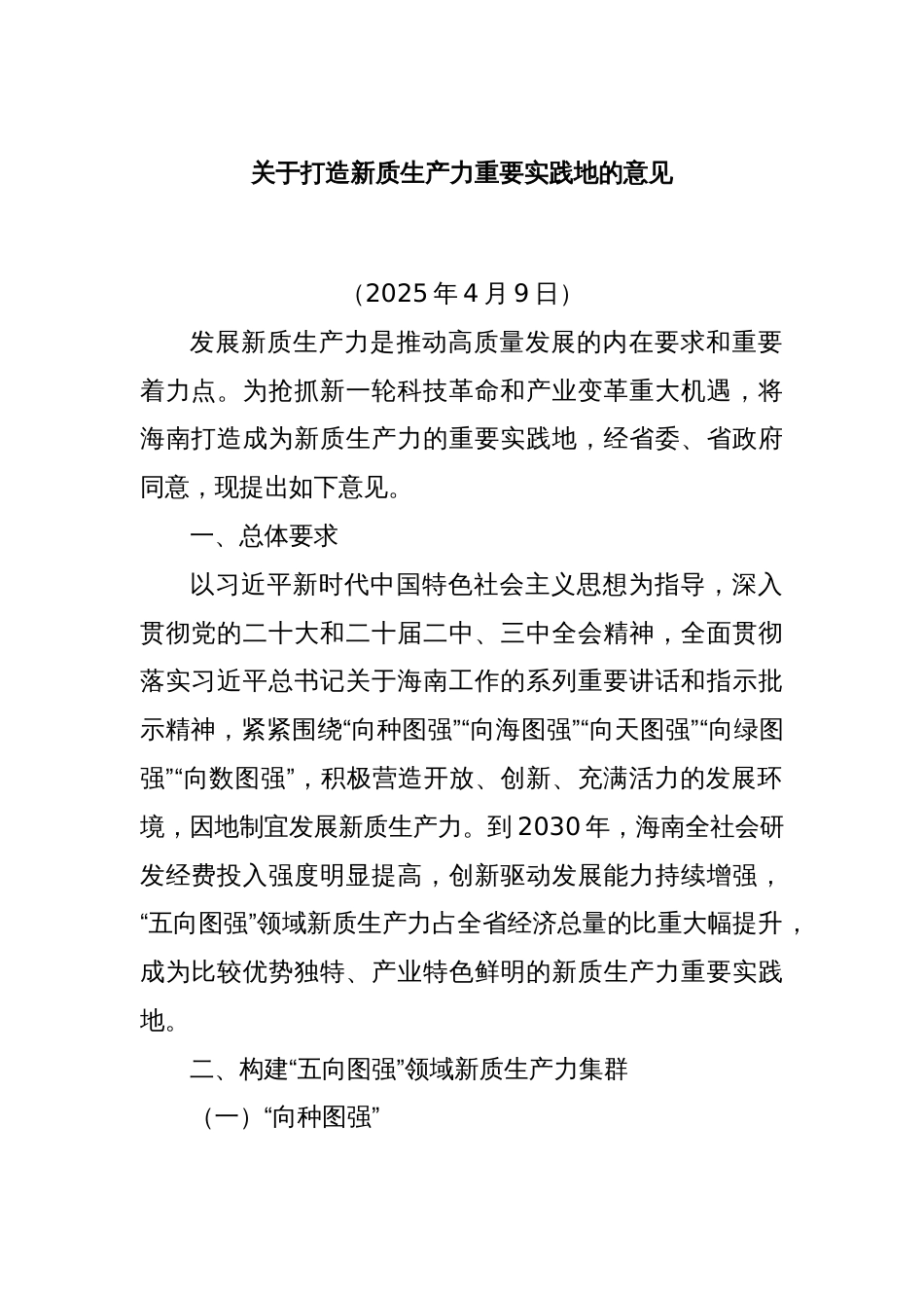 关于打造新质生产力重要实践地的意见_第1页