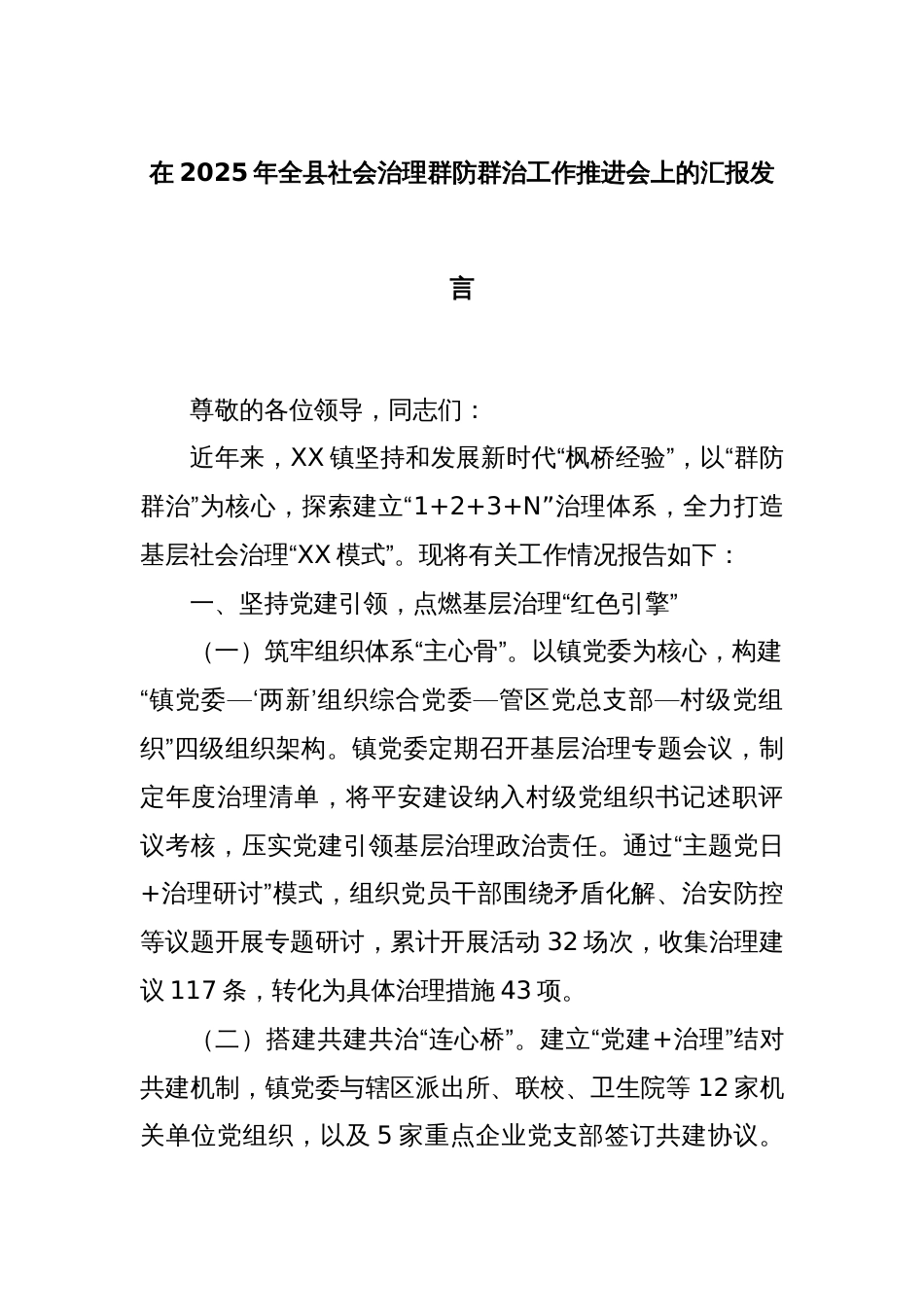 在2025年全县社会治理群防群治工作推进会上的汇报发言_第1页