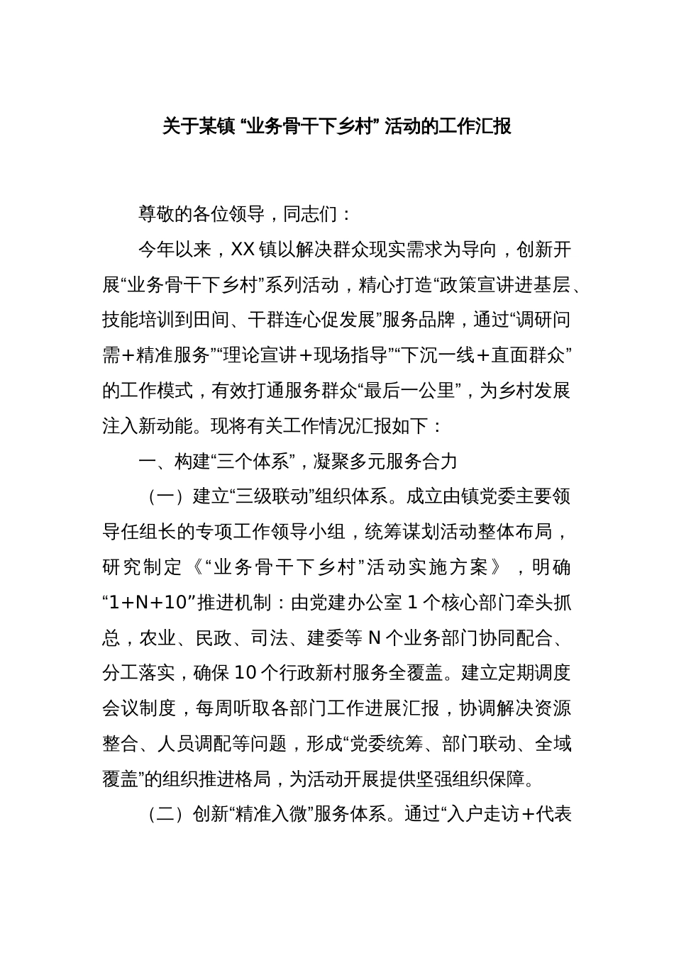 关于某镇 “业务骨干下乡村” 活动的工作汇报_第1页