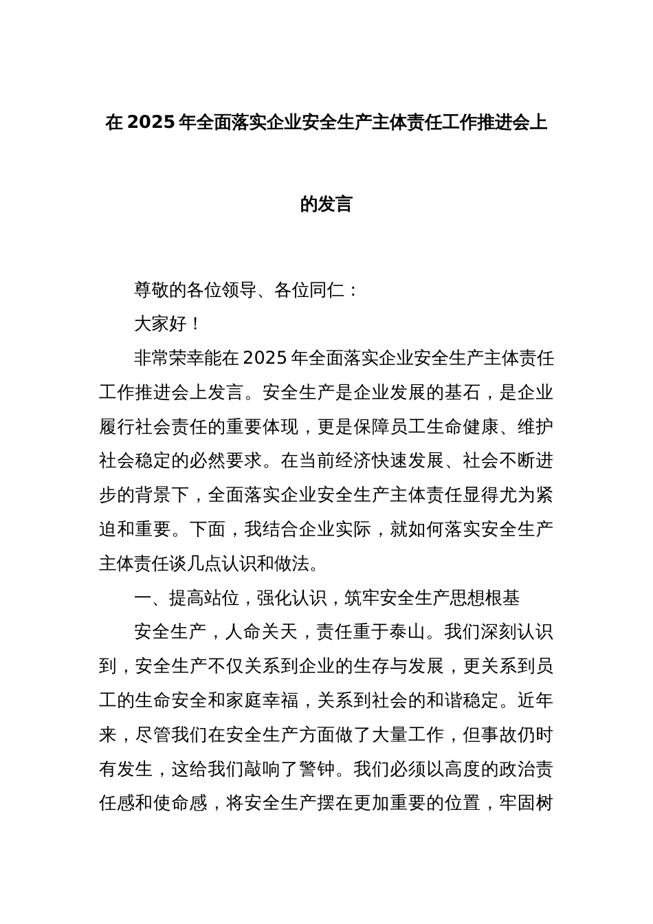 在2025年全面落实企业安全生产主体责任工作推进会上的发言_第1页