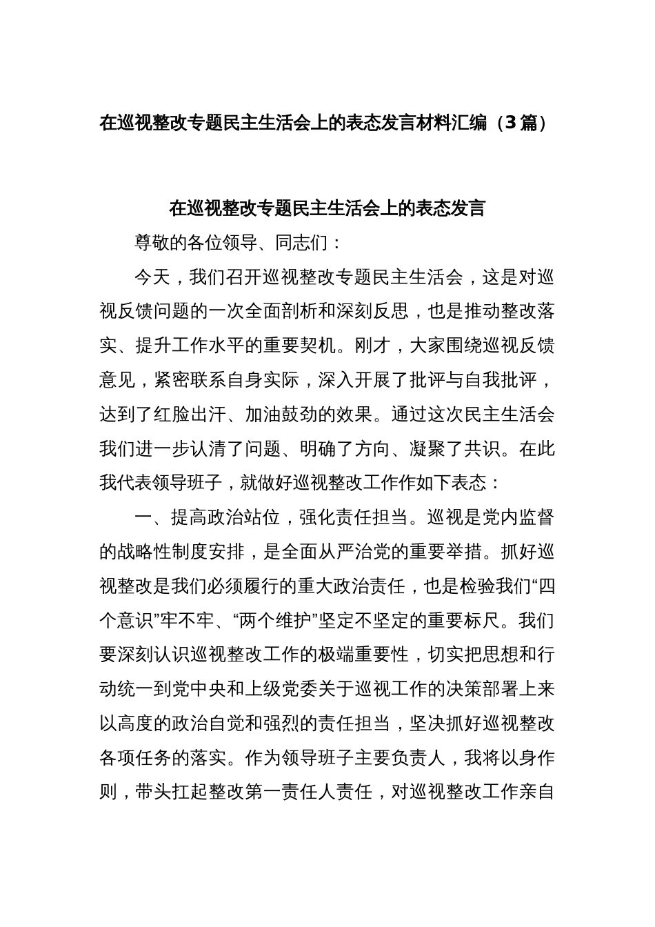 (3篇)在巡视整改专题民主生活会上的表态发言材料汇编_第1页