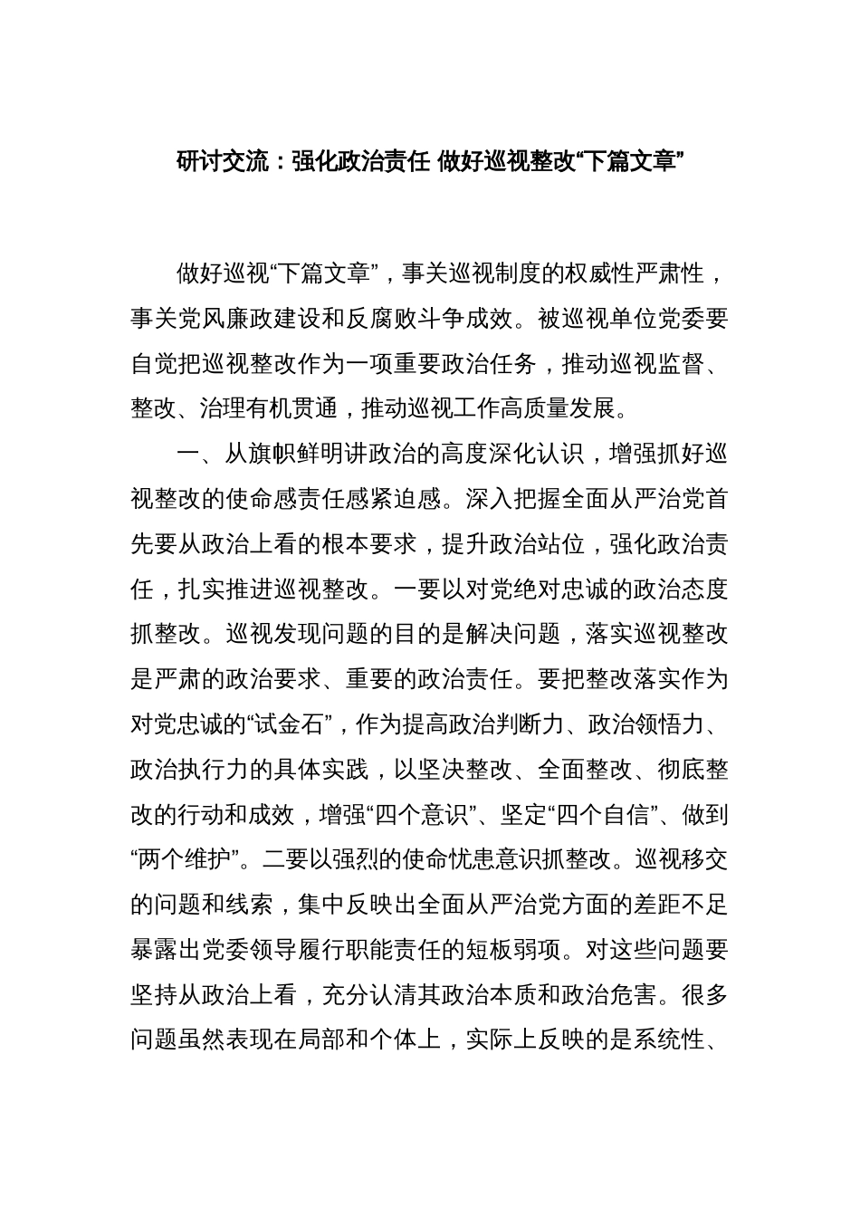 研讨交流：强化政治责任 做好巡视整改“下篇文章”_第1页
