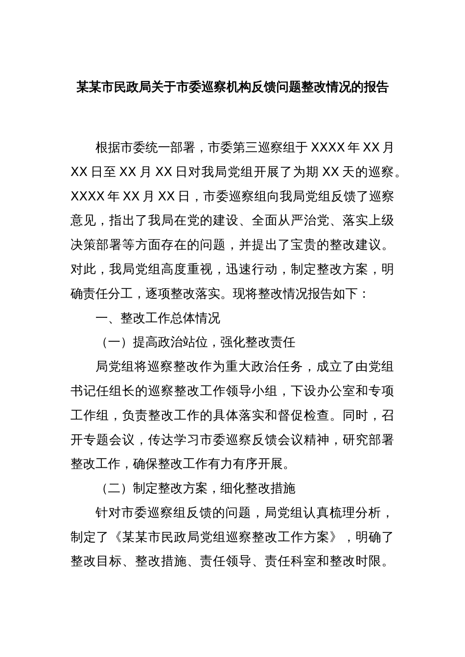 某某市民政局关于市委巡察机构反馈问题整改情况的报告_第1页