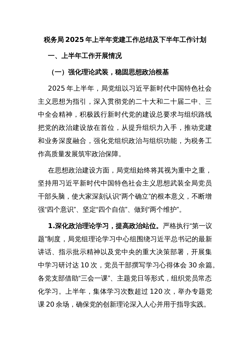 税务局2025年上半年党建工作总结及下半年工作计划_第1页