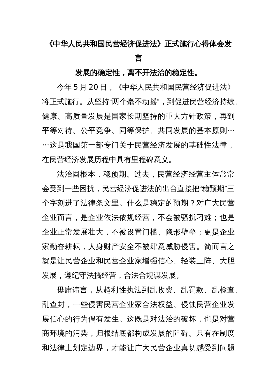 《中华人民共和国民营经济促进法》正式施行心得体会发言_第1页