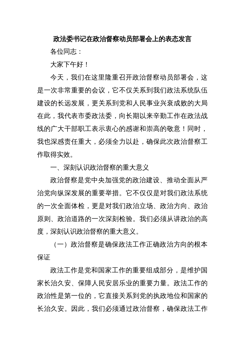 政法委书记在政治督察动员部署会上的表态发言_第1页