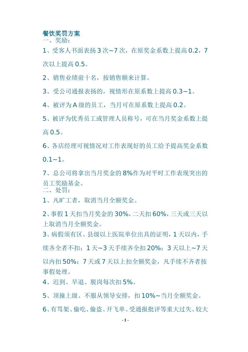 餐饮奖罚方案总结_第1页