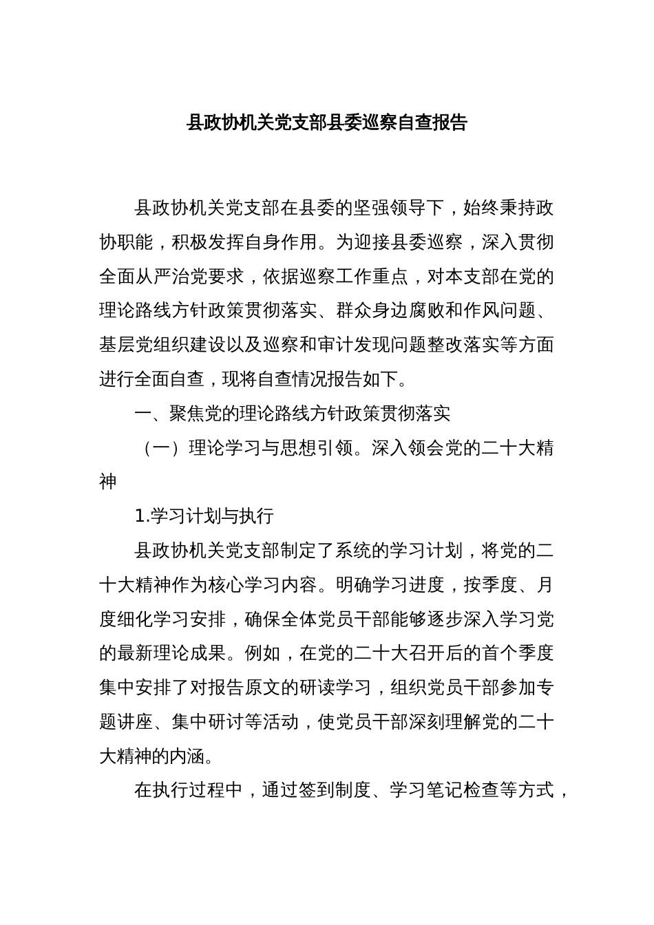 县政协机关党支部县委巡察自查报告_第1页