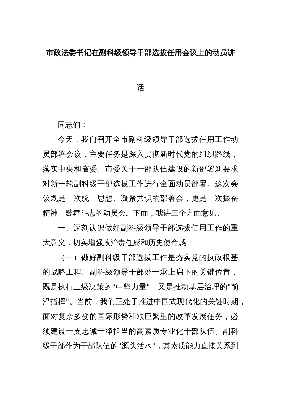 市政法委书记在副科级领导干部选拔任用会议上的动员讲话_第1页