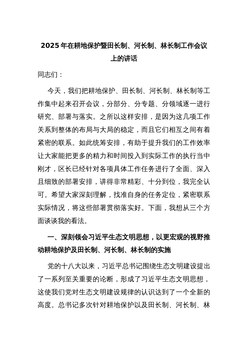 2025年在耕地保护暨田长制、河长制、林长制工作会议上的讲话_第1页
