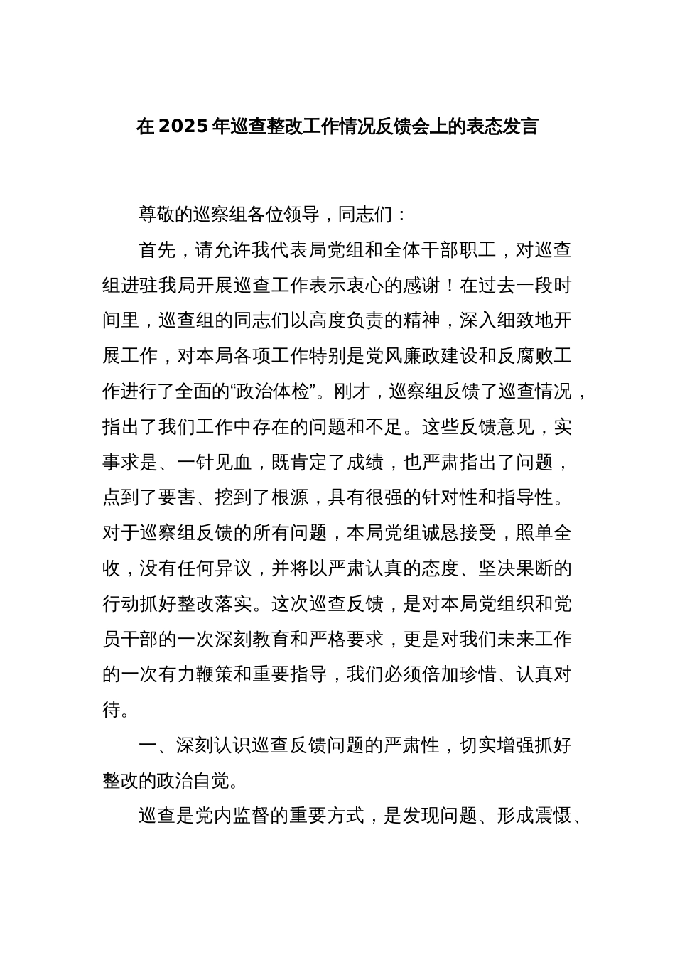 在2025年巡查整改工作情况反馈会上的表态发言_第1页