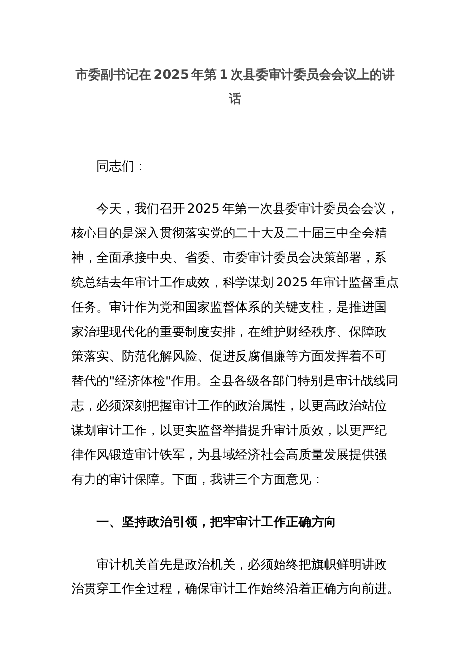 市委副书记在2025年第1次县委审计委员会会议上的讲话_第1页