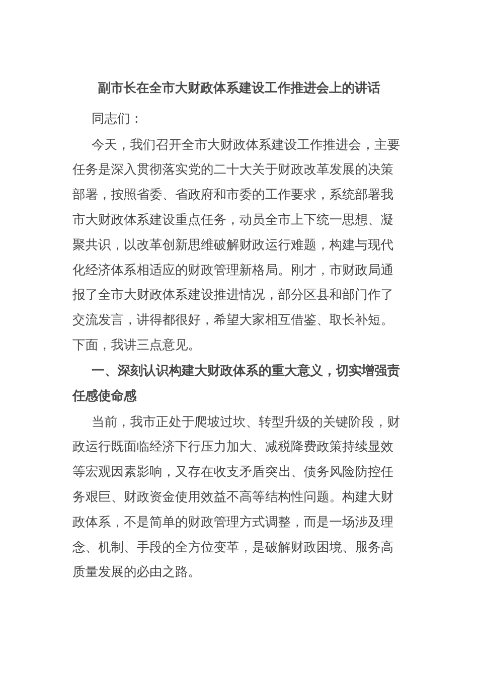 副市长在全市大财政体系建设工作推进会上的讲话_第1页