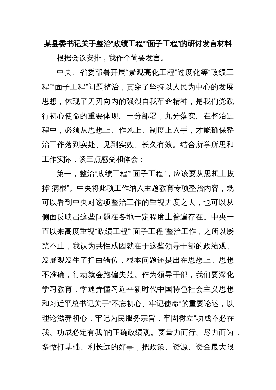 某县委书记关于整治“政绩工程”“面子工程”的研讨发言材料_第1页