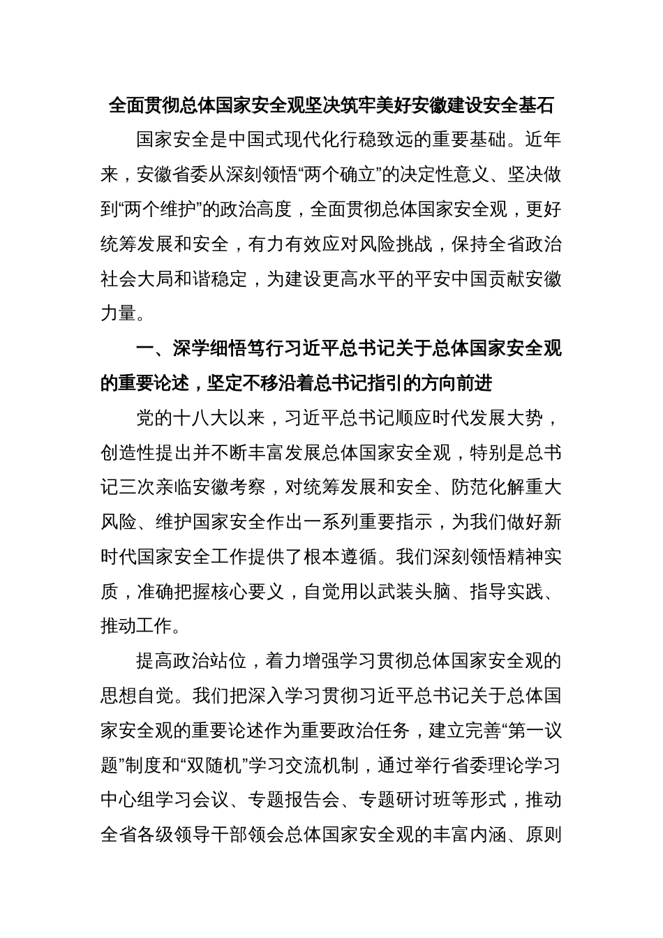全面贯彻总体国家安全观坚决筑牢美好安徽建设安全基石_第1页