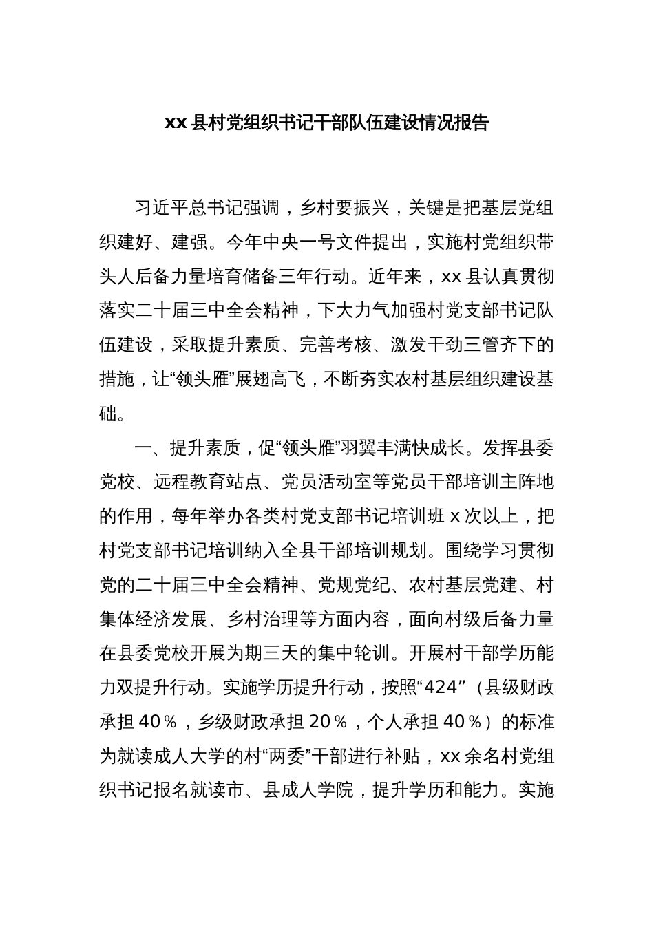 xx县村党组织书记干部队伍建设情况报告_第1页