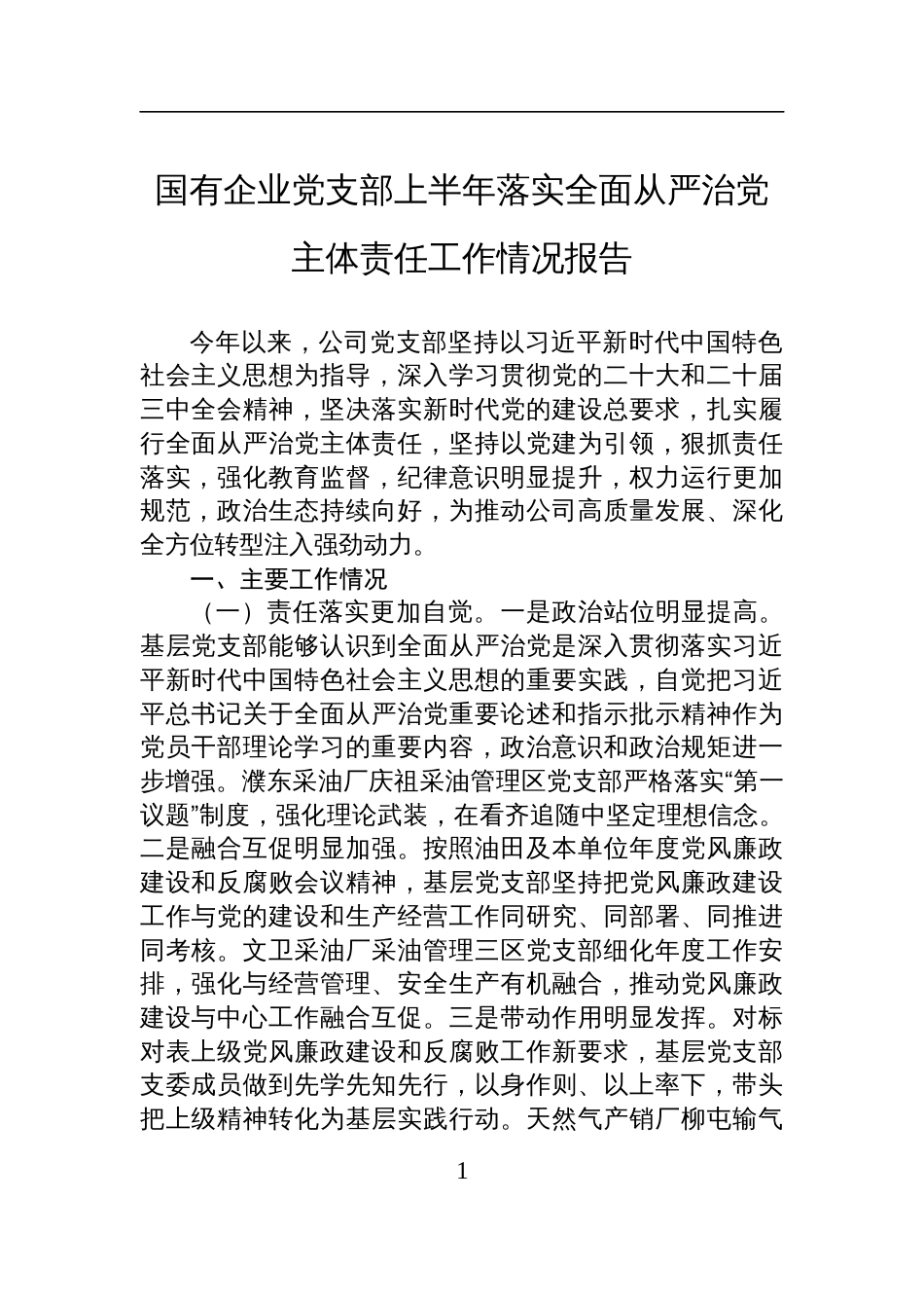 2025国有企业党支部上半年落实全面从严治党主体责任工作情况报告_第1页