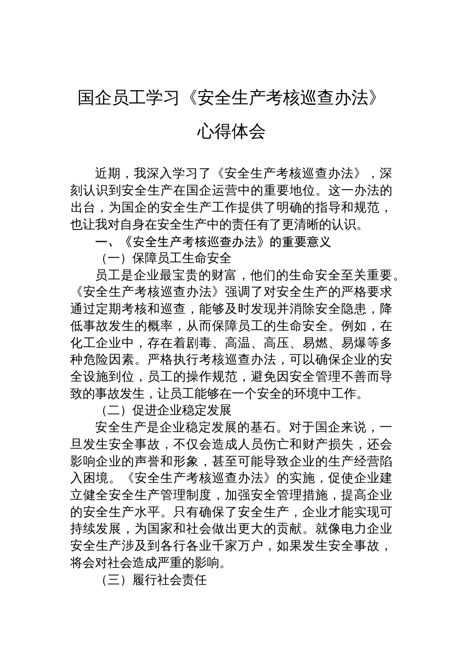 国企员工学习《安全生产考核巡查办法》心得体会材料_第1页