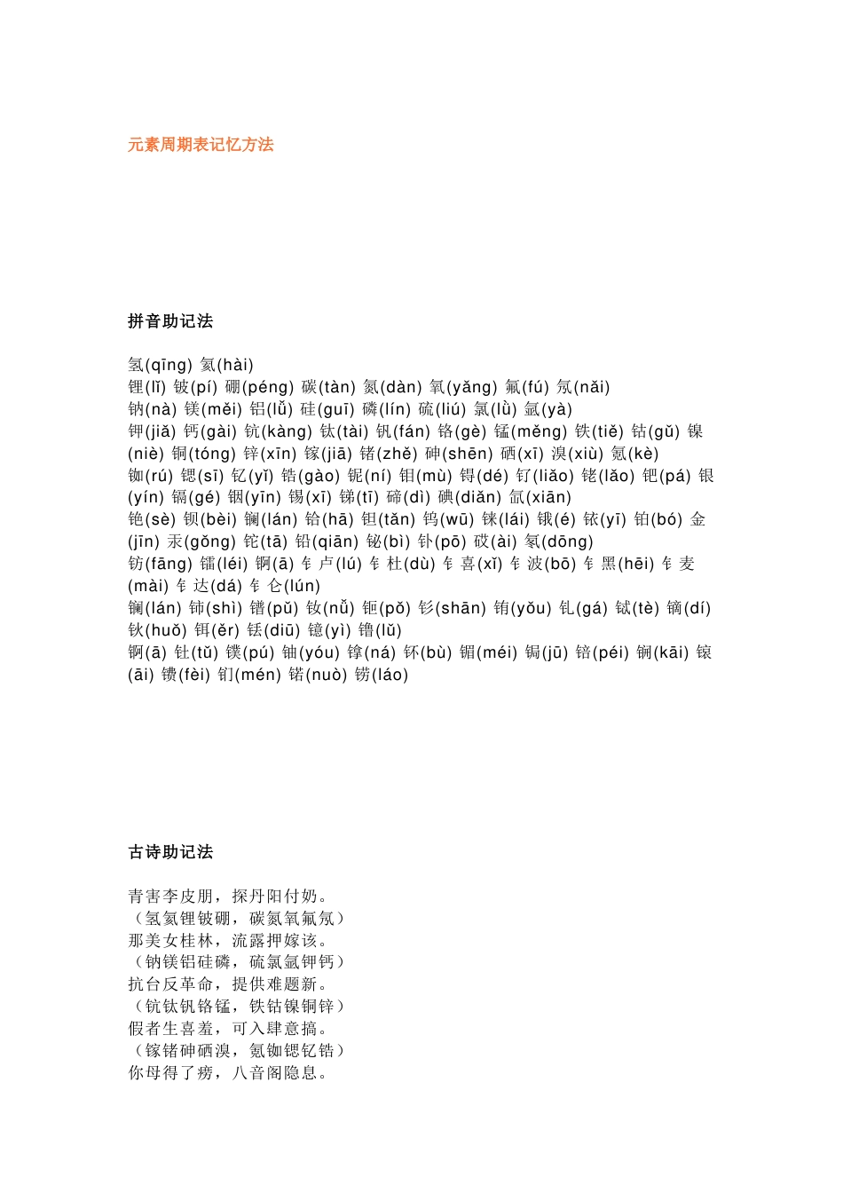 初中化学元素周期表记忆方法_第1页