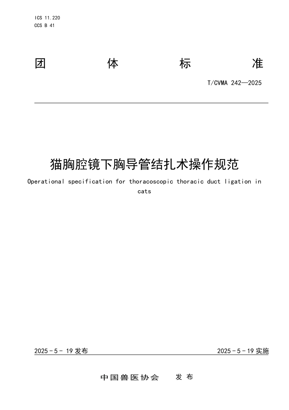 T∕CVMA 242-2025 猫胸腔镜下胸导管结扎术操作规范_第1页