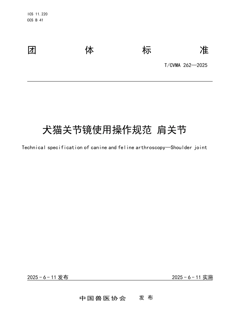 T∕CVMA 262-2025 犬猫关节镜使用操作规范 肩关节_第1页