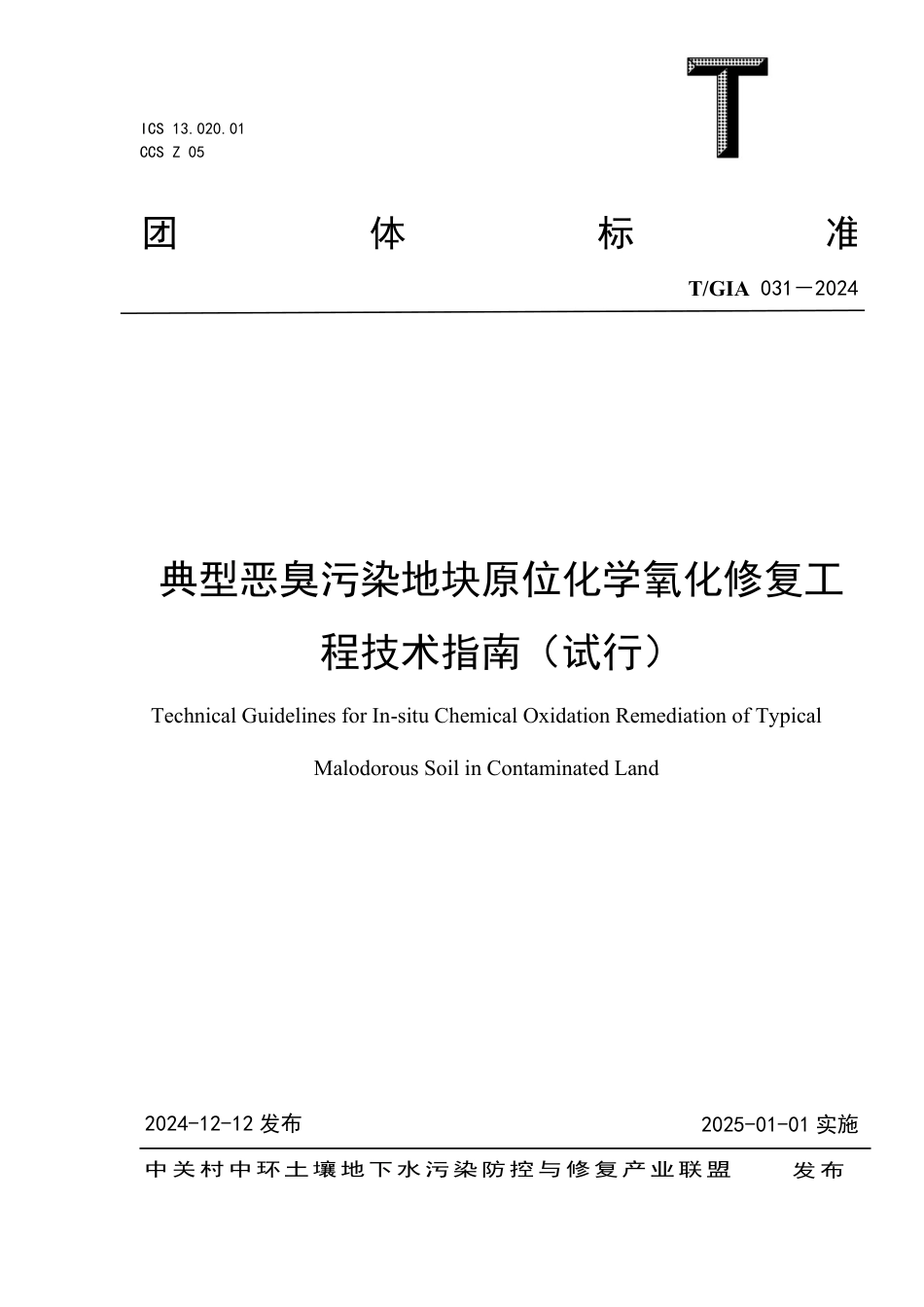 T∕GIA 031-2024 典型恶臭污染地块原位化学氧化修复工程技术指南（试行）_第1页