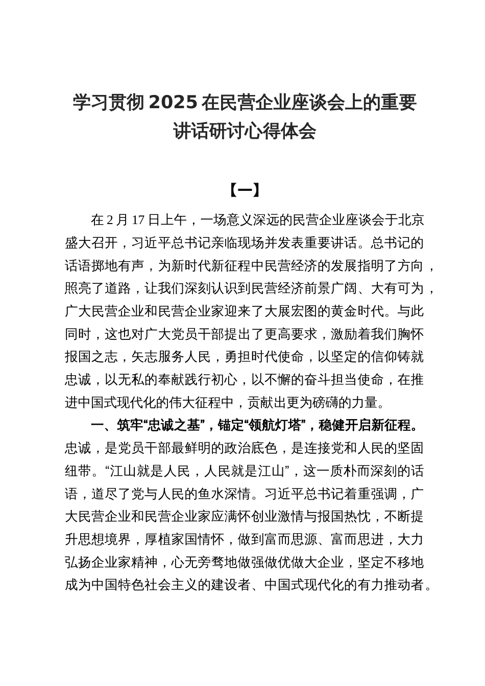 学习贯彻2025在民营企业座谈会上的重要讲话研讨心得体会8篇_第1页