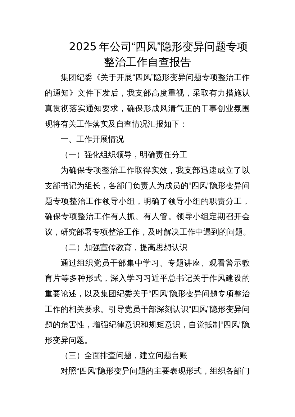 2025年公司“四风”隐形变异问题专项整治工作自查报告_第1页