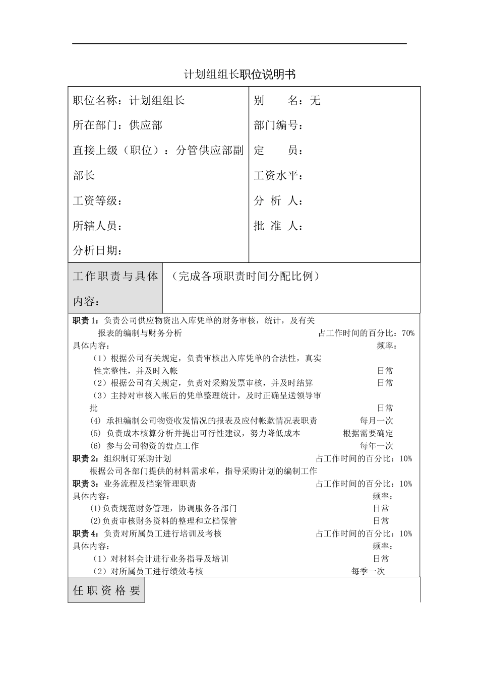 某公司计划组组长职位说明书_第1页
