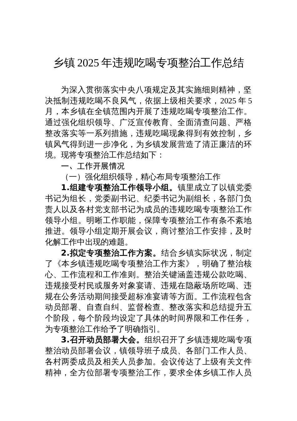乡镇2025年违规吃喝专项整治工作总结材料_第1页