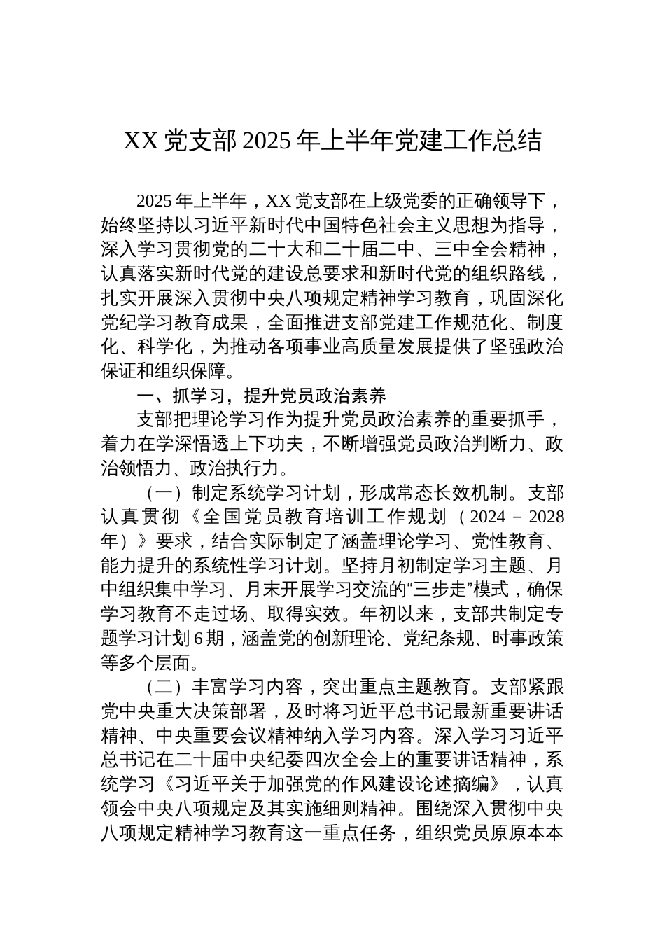 党支部2025年上半年党建工作总结材料_第1页