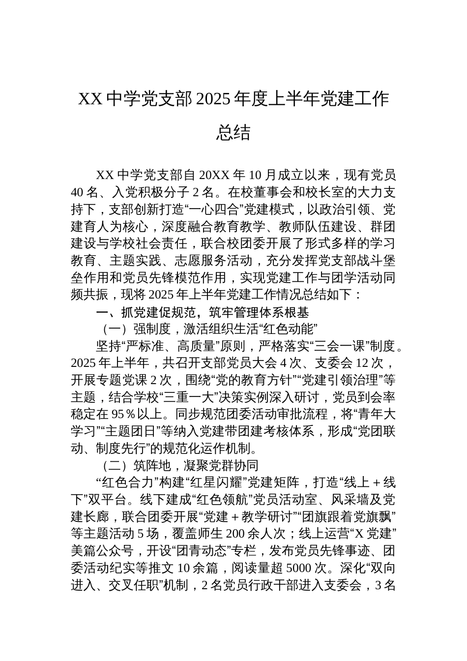 中学党支部2025年度上半年党建工作总结材料_第1页