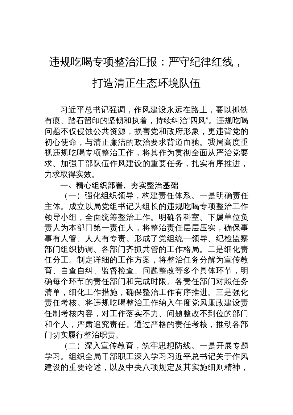2025年违规吃喝专项整治汇报：严守纪律红线，打造清正生态环境队伍_第1页