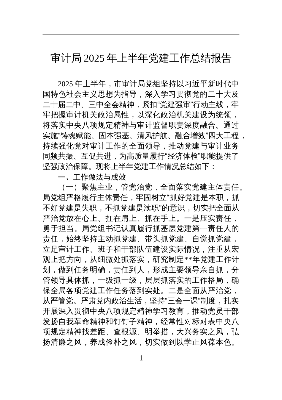 审计局2025年上半年党建工作总结报告材料_第1页