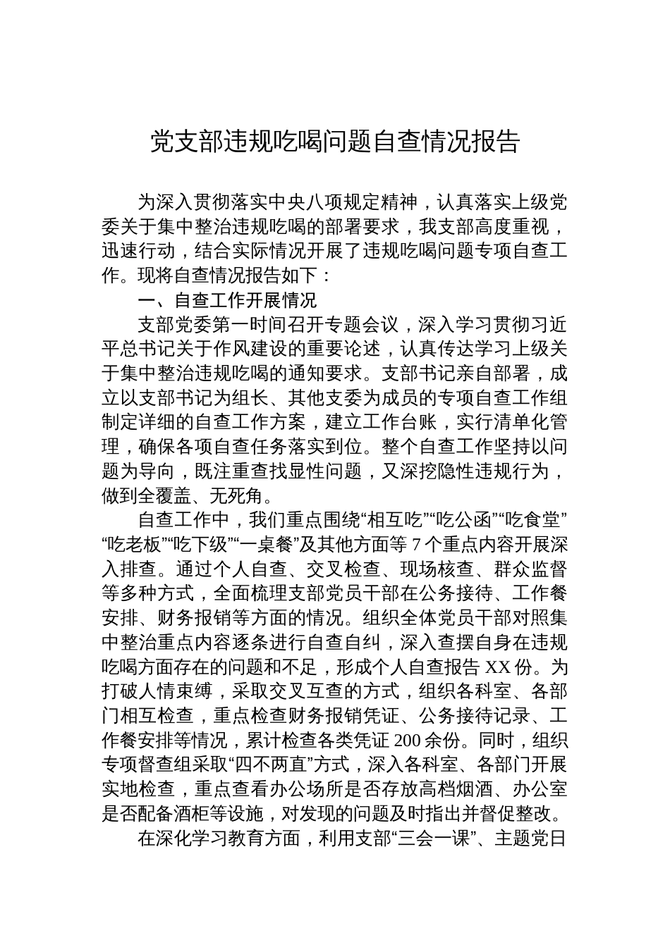 2025党支部违规吃喝问题自查情况报告材料_第1页