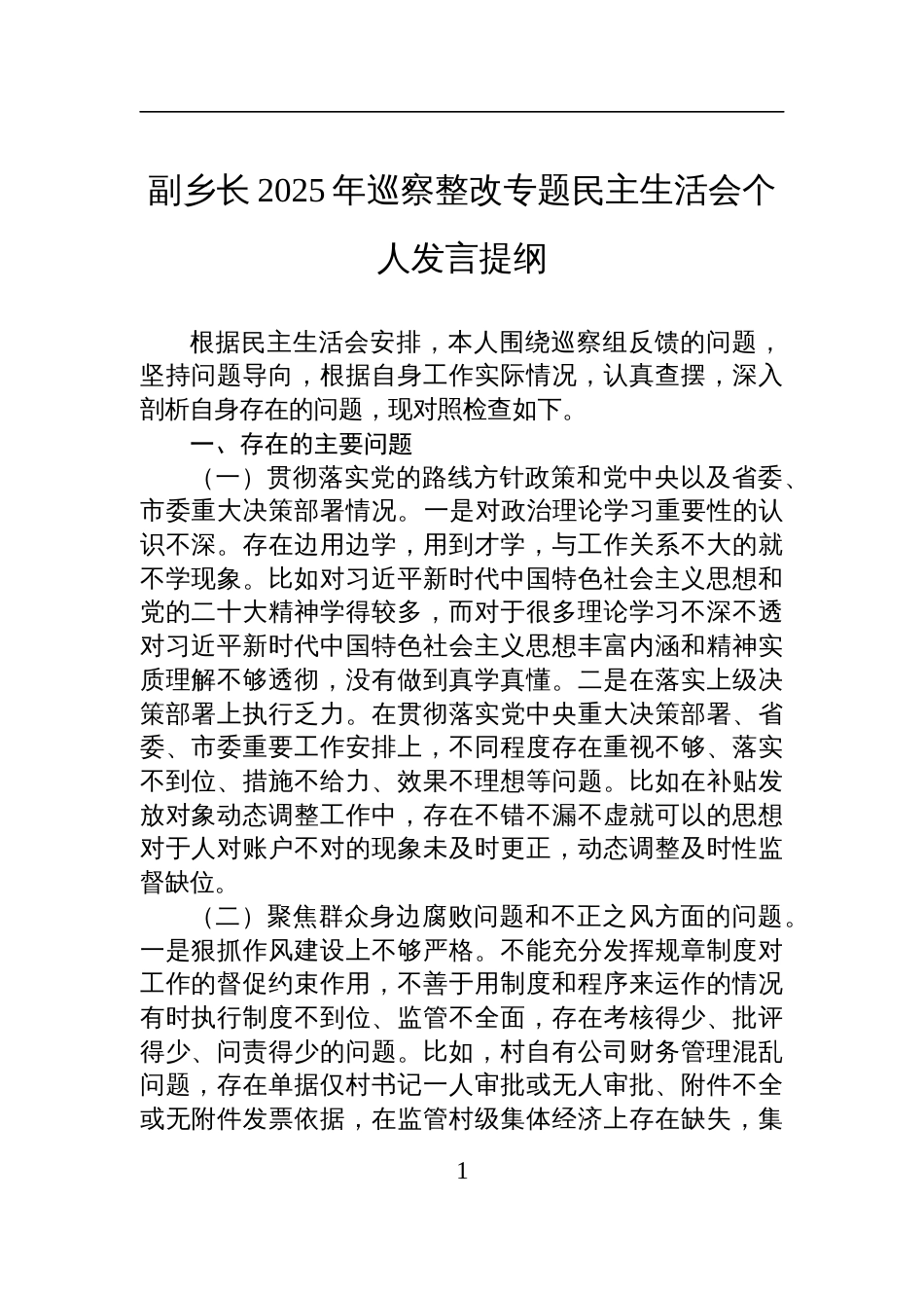 副乡长2025年巡察整改专题民主生活会个人发言材料_第1页