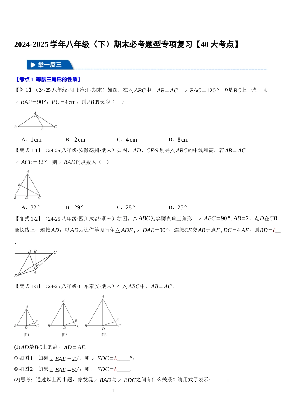 2024-2025学年八年级（下）期末必考题型专项复习【40大考点】_第1页