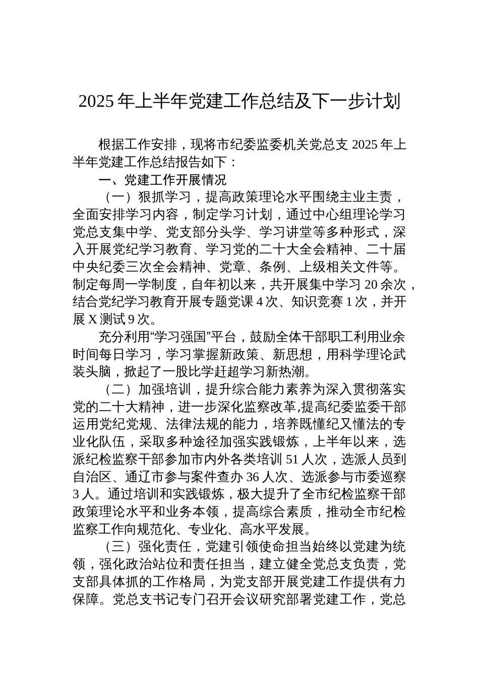 2025年上半年党建工作总结及下一步计划材料_第1页