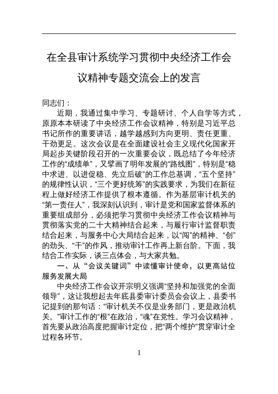 2025在全县审计系统学习贯彻中央经济工作会议精神专题交流会上的发言_第1页