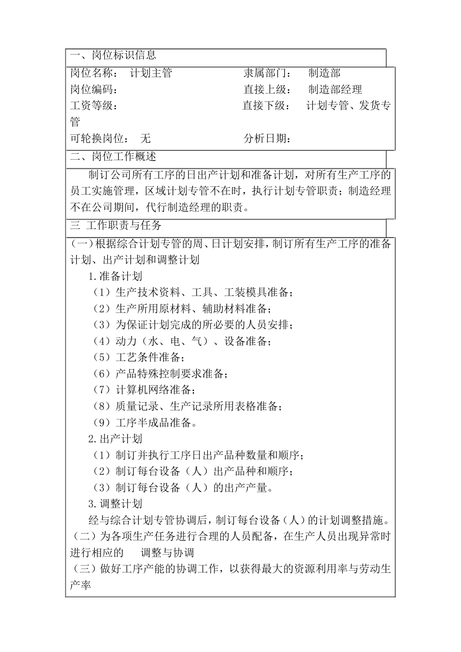 ××有限公司计划主管岗位工作说明书_第1页