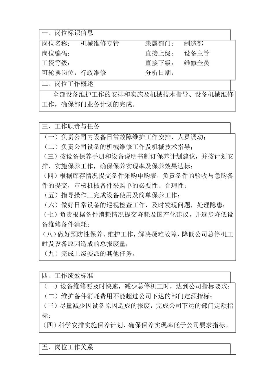 ××有限公司机械维修主管工作说明书_第1页